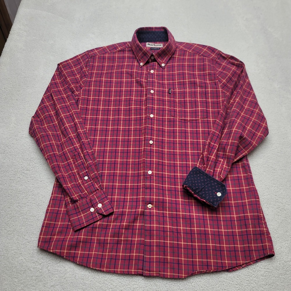 Barbour Ethan Shirt Mens L Red Multicolor Check Flannel Button Down Tailored Fit